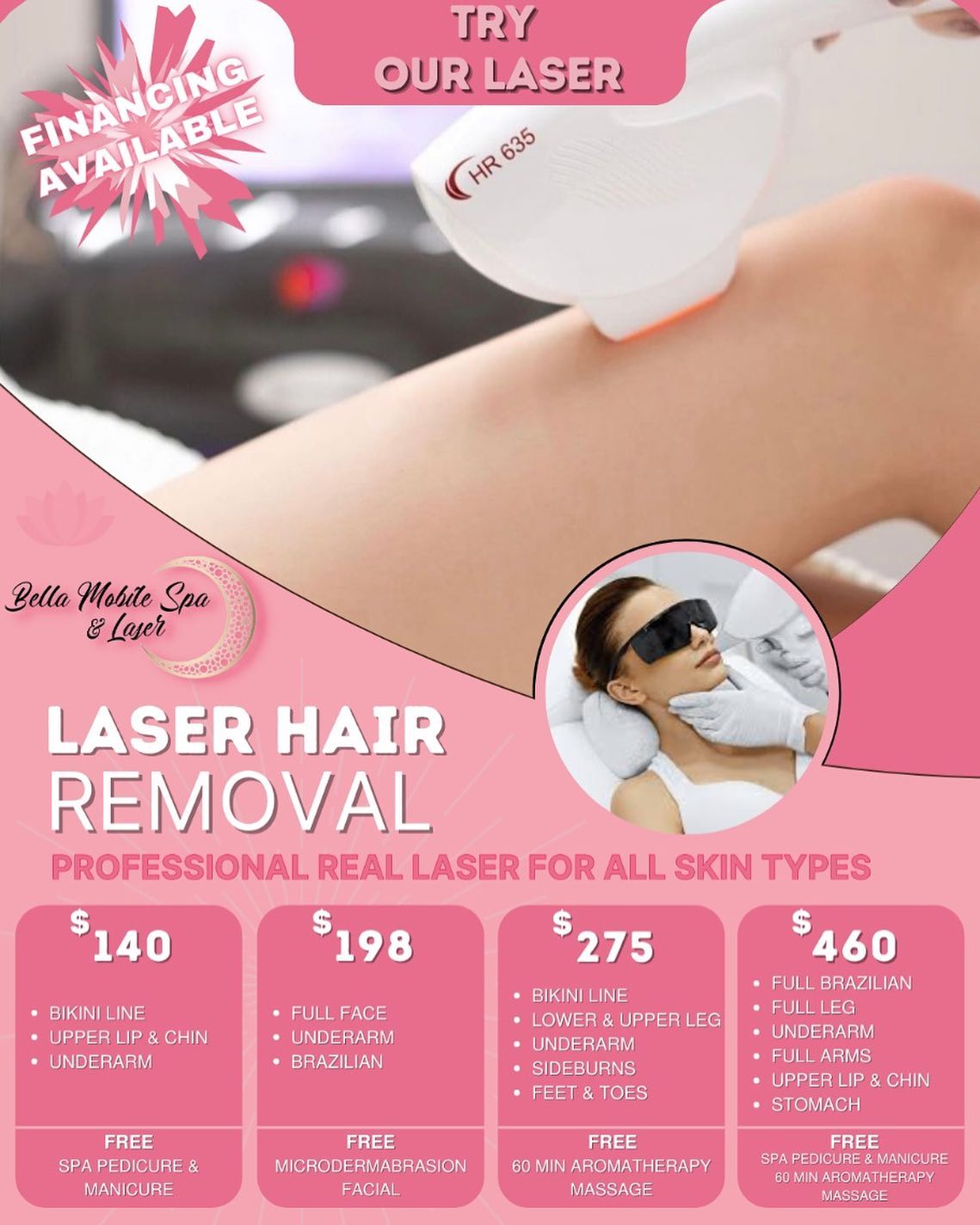 LASER HAIR REMOVAL 

Remove Hair Permanently 
Safe & Effective 

Tired of shaving every day?  Having trouble with ingrown hairs, bumps, cuts, hyperpigmentation and infections? 

✨LASER HAIR REMOVAL is the safest, most effective way to be rid of unwanted  hair, permanently 

✅Neck
✅Arms
✅Legs
✅Back / Chest
✅Abdomen
✅Brazilian
✅Bikini line 

#painfree #londonontario #hairremovallaser #guarantee #dontmissout #packagedeals 

📍London,On
📱 519-636-3575
📧 info@bellamobilespa.ca